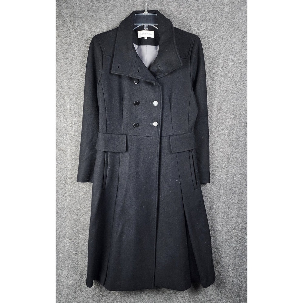 Calvin Klein Coat Womens 4 Double Breasted Black Long Pleated EUC